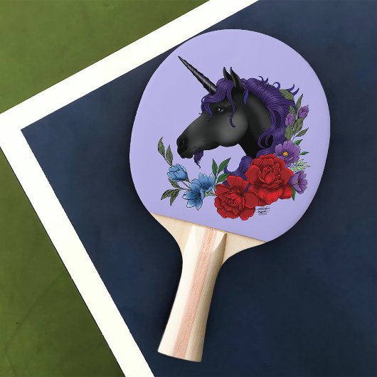 Raquette De Ping Pong Unicorne noire et fleurs