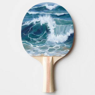 Raquette De Ping Pong Vagues de l'océan déferlantes Aquarelle bleue cô