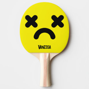 Raquette De Ping Pong Visage Jaune Triste et Étourdi avec Nom