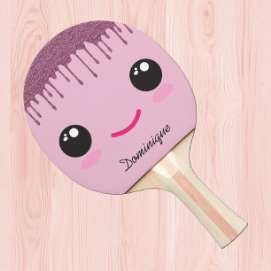 Raquette De Ping Pong Visage Kawaii Heureux Faux Paillettes Nom Personna