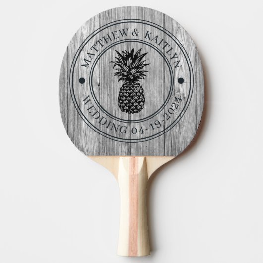 Raquette De Ping Pong Weathered Dark Gray Pineapple Wedding Crest & Name (Devant)