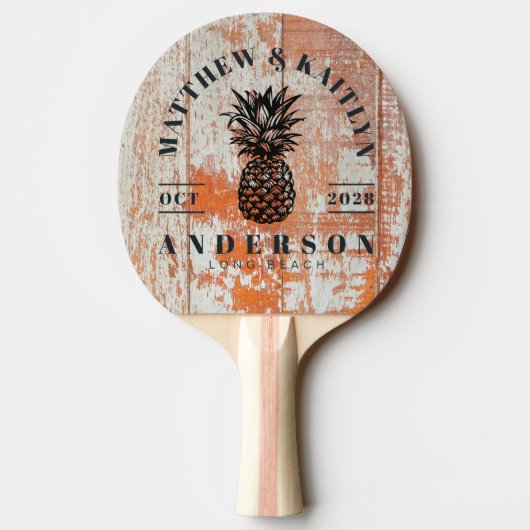 Raquette De Ping Pong Worn Barn Wood Tropical Pineapple Wedding Crest (Dos)