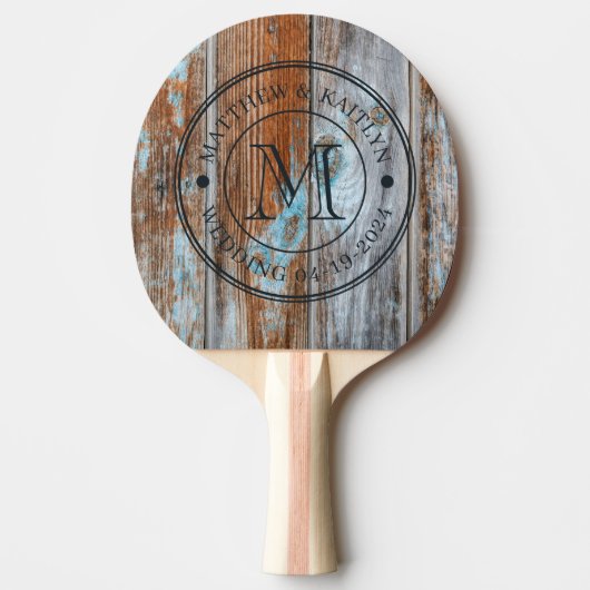Raquette De Ping Pong Worn Blue Wash Wood Wedding Monogram (Devant)