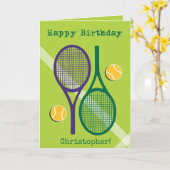 Raquette de tennis verte et violette carte d'anniv (Fleur jaune)