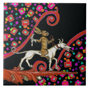 RARE MIDDELEEUWSE BESTIARY Konijn Rijden op een Wi Tegeltje