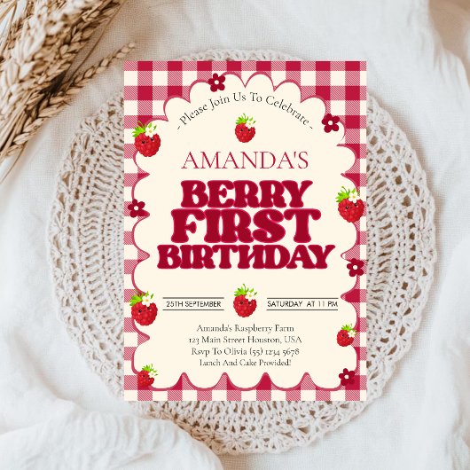 Raspberry Berry First 1st Birthday Party Kaart