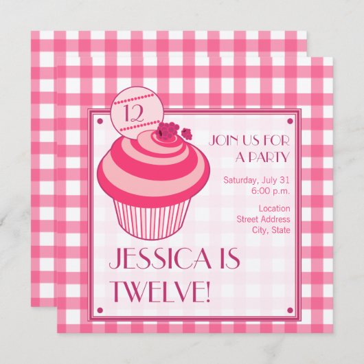 Raspberry Cupcake Birthday Party Invitation Kaart (Voorkant / Achterkant)
