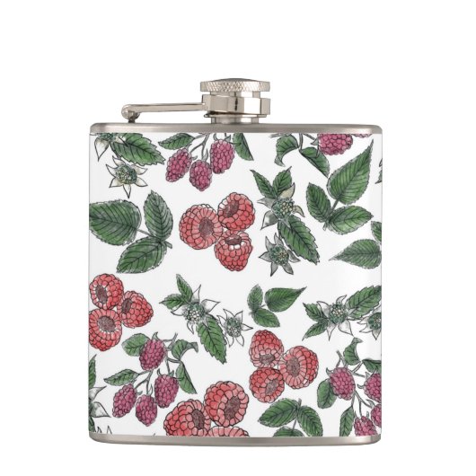 Raspberry Fruit Leaves Illustration Pattern Heupfles (Voorkant)