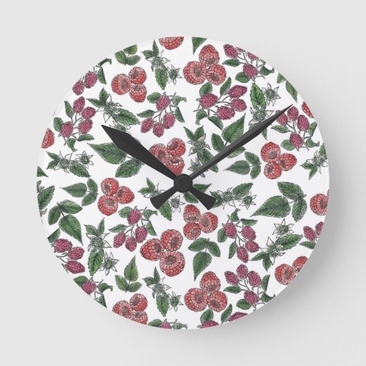Raspberry Fruit Leaves Illustration Pattern Ronde Klok (Voorkant)