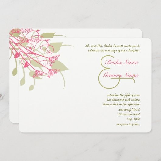Raspberry Gerber Damask Wedding Invitations Kaart (Voorkant / Achterkant)