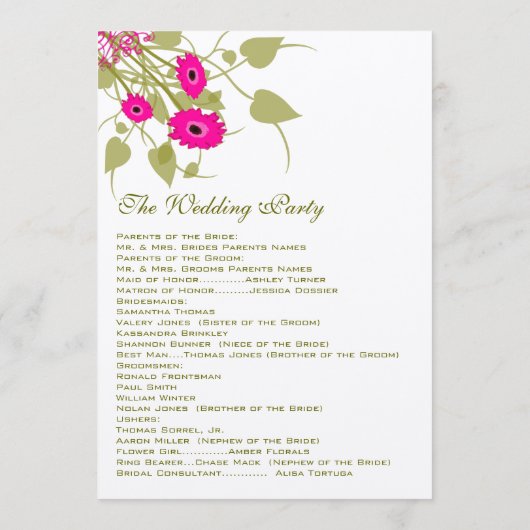 Raspberry Gerbers Programme de mariage (Dos)