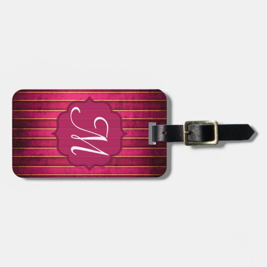 Raspberry Gold Stripe Modern Monogram Bagagelabel (Voorkant horizontaal)