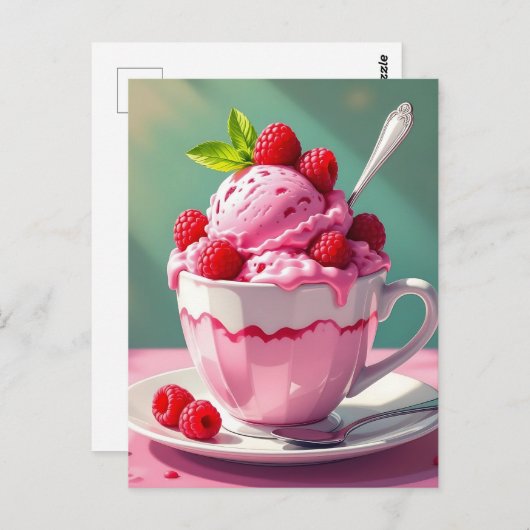 Raspberry Ice Cream in een Roze Koffie Cup Briefkaart (Voorkant / Achterkant)