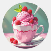 Raspberry Ice Cream in een Roze Koffie Cup Ronde Sticker (Voorkant)