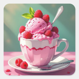 Raspberry Ice Cream in een Roze Koffie Cup Vierkante Sticker