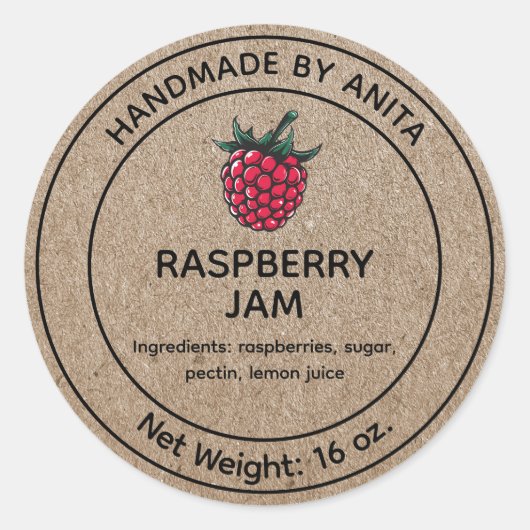 Raspberry Jam Jelly Jar Label Kraft-papierstijl (Voorkant)