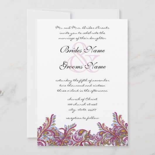 Raspberry Paisley Damask Wedding Invitations Kaart (Voorkant)