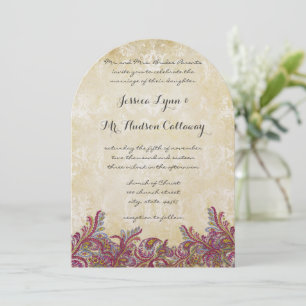 Raspberry Paisley Damask Wedding Invitations Kaart