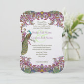 Raspberry Peacock Damask Wedding Invitations Kaart (Staand voorkant)