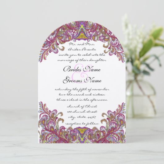 Raspberry Peacock Wedding Invitations Kaart (Staand voorkant)