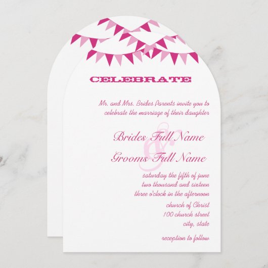 Raspberry Pink Bunting Pennant invitation mariage (Devant / Derrière)