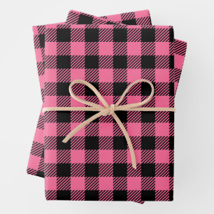  Raspberry Pink en Black Buffalo Plaid Inpakpapier Vel