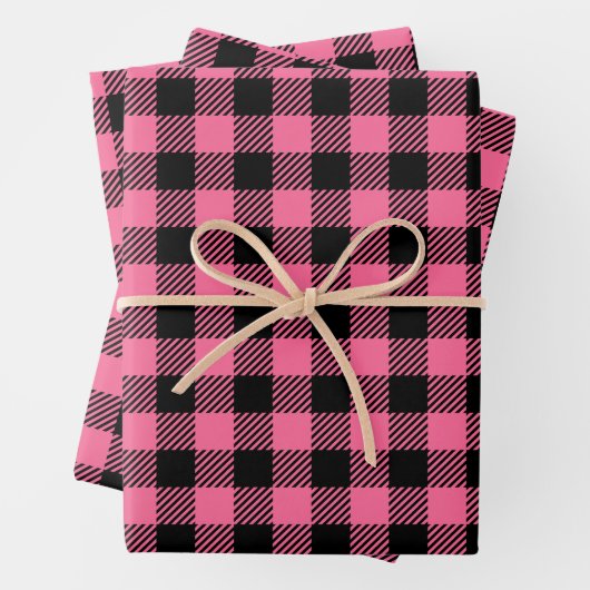  Raspberry Pink en Black Buffalo Plaid Inpakpapier Vel (In situ)