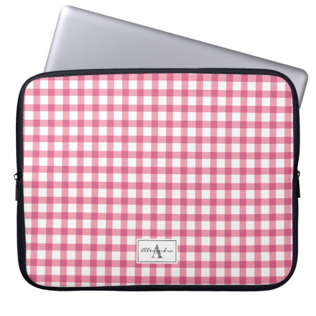 Raspberry Pink Gingham Pset Pattern Monogram Laptop Sleeve (Voorkant)