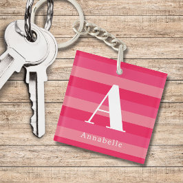 Raspberry Pink Strepen Aangepaste Monogram Naam Sleutelhanger
