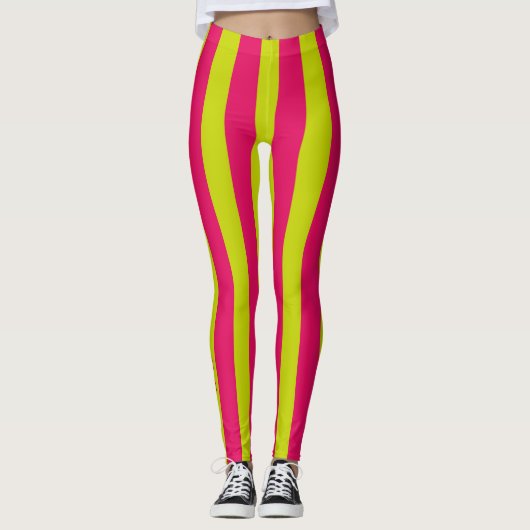 Raspberry roze en Lime Green Stripe Monogram Leggings (Voorkant)