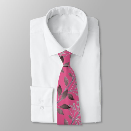 Raspberry Sorbet Gray Leaves Monogrammed Stropdas (Gebonden)