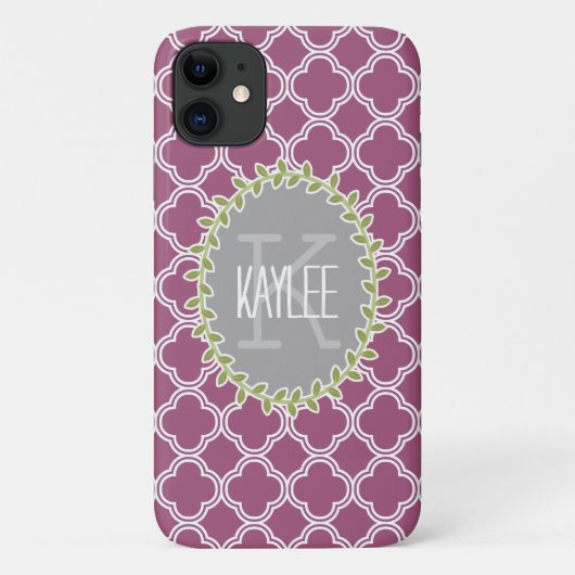 Raspberry White Lattice Pattern Monogramed Vine Case-Mate iPhone Case (Achterkant)