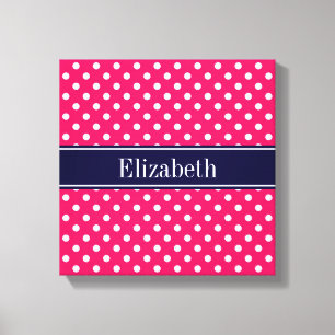 Raspberry White Polka Dots Navy Blue Name Monogram Canvas Afdruk