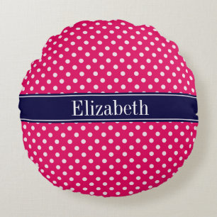 Raspberry White Polka Dots Navy Blue Name Monogram Rond Kussen