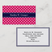 Raspberry White Polka Dots Navy Blue Name Monogram Visitekaartje (Voorkant / Achterkant)
