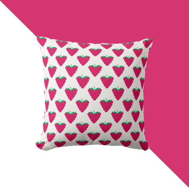 Rasperry Pink Berry Fruit Pattern Kussen (A throw pillow with a pattern of pink raspberries with green stems.)