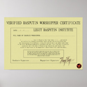 RASPUTIN WORSHIPPER CERTIFICAAT POSTER