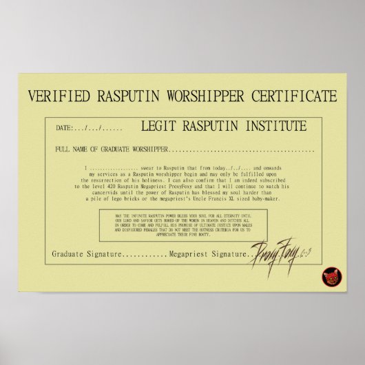 RASPUTIN WORSHIPPER CERTIFICAAT POSTER (Voorkant)
