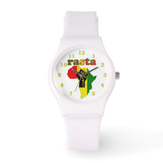 Rasta,  Black Power Fist over Africa White   Horloge