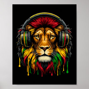 Rasta Raggae Jamaica Muziek Hoofdtelefoon Leeuw va Poster