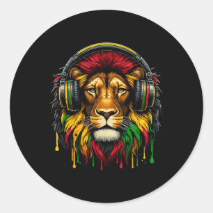 Rasta Raggae Jamaica Muziek Hoofdtelefoon Leeuw va Ronde Sticker