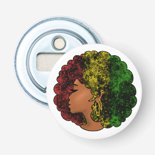 Rasta zwarte meisje vrouw afro rood geel groen button flesopener