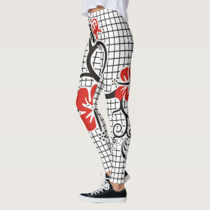 Rasternaadloos patroon zwart-hibiscus decor leggings