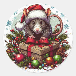 Rat dragen kerstmuts kerstcadeautjes Art Ronde Sticker