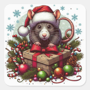Rat dragen kerstmuts kerstcadeautjes Art Vierkante Sticker