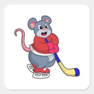 Rat op Ice hockey met Ice hockey stick Vierkante Sticker
