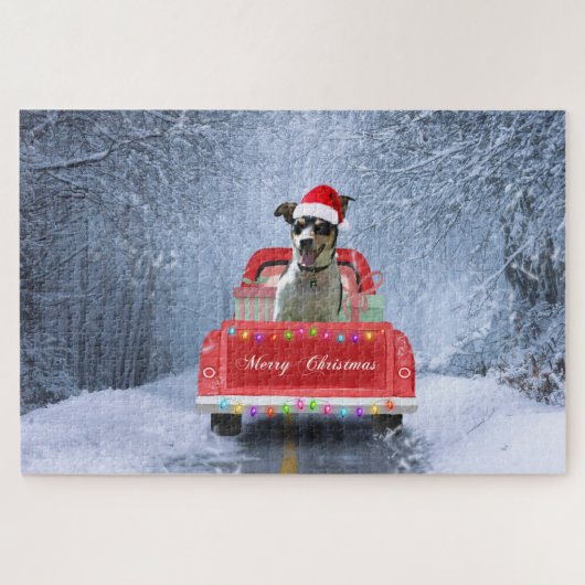 Rat Terrier Dog in Snow, die met Kerstmis rondloop Legpuzzel (Horizontaal)