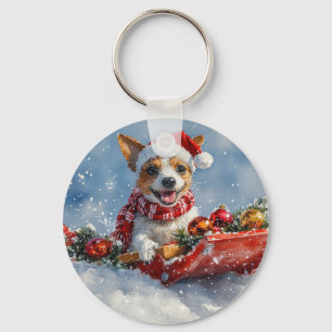 Rat Terrier-hond in slee laat het sneeuwen Kerstmi Sleutelhanger