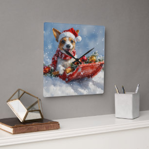 Rat Terrier-hond in slee laat het sneeuwen Kerstmi Vierkante Klok