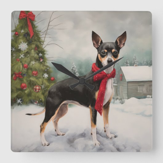 Rat Terrier Hond in Sneeuw Kerstmis Vierkante Klok (Voorkant)